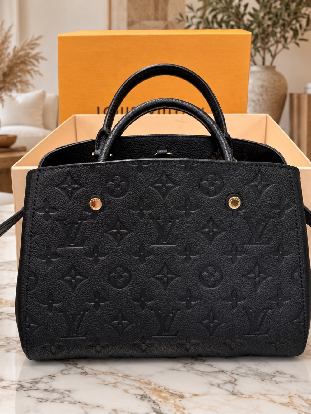 Louis Vuitton Black Embossed Monogram Satchel with Gold Accents